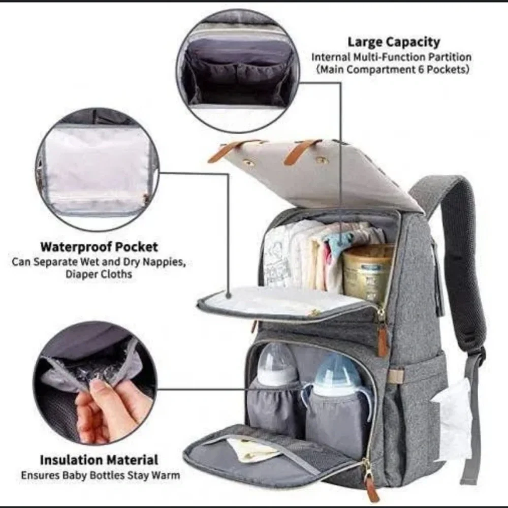 Espidoo Diaper Bag Stylish Gray Backpack with Tan Accents - Picture 7 of 10